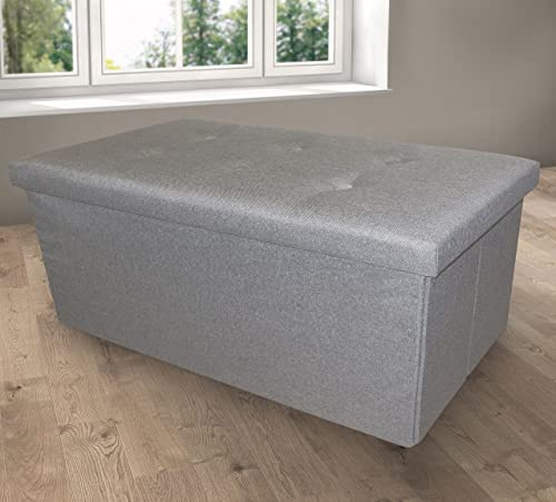 Home Republic Large Ottoman Storage Box Folding Seat, Storage Stool Faux Leather Toy Chest Practical Bench Blanket Box (Linen Grey, 76x38cms)