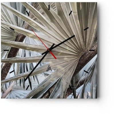 Modern Wanduhr Blatt Palme Natur 40x40cm Quadrat Groß Wand Uhr Glas Analog Zimmeruhren Küche Büro Wohnzimmer Glasuhr Wall Clock Dekoration Design Wanddekoration Küchenuhr C3AC40x40-5056