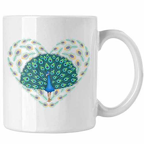 Trendation - Pfau Deko Tasse Geschenk Schöne Grafik Pfauen-Besitzer Geschenkidee Herz (Weiß)