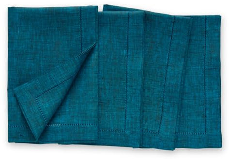 Solino Home Leinen Dinner Servietten 20x20 Zoll - Chambray Teal, 100% Reines Leinen Hohlsaum, Servietten für Herbst, Weihnachten, Urlaub, Winter - 4er Set Mailand, Handarbeit und Maschinenwaschbar