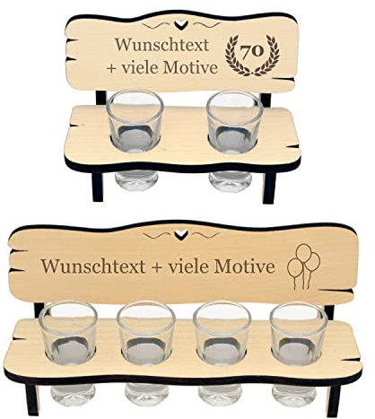 Geschenkissimo Schnapsbank Geburtstag Geschenk - Gravur mit Name + Spruch - mit 2 oder 4 Schnapsgläsern, personalisiertes Geburtstagsgeschenk für Frauen und Männer - Happy Birthday
