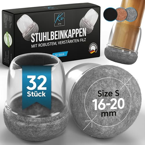 Stuhlbeinkappen Rund, 32 Stück, Filzgleiter für Stühle, Ø14-20mm, Schutzkappen für Stuhlbeine, Stuhlbeinschoner, Bodenschoner für Stühle mit Filz, Gleiter für Stühle, Gleiter Transparent