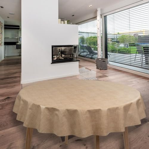 laro runde 140 cm wachstuchtischdecke wachstischdecke abwashbar PVC tischdecke Wachstuch wasserabweisend Garten tischdecke, Muster:Leinenoptik Beige