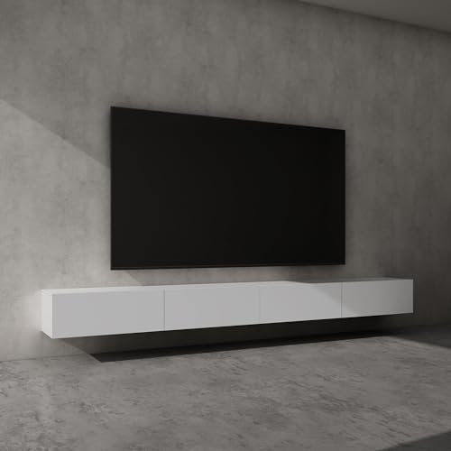 doporro Mobile Porta TV Sospeso 320 cm con 4 Ante Bianco Opaco, Credenza Bassa da Soggiorno Salotto, Madia Consolle per TV Fernsehschrank02