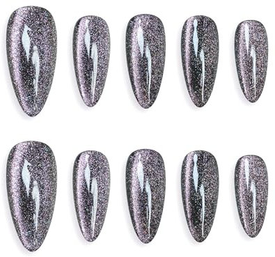 Sun&Beam Nails Handmade Press-on Medium Long Almond Black Pink Cat Eye Design Charming False Nail Tips 10 Pcs (#126 L)