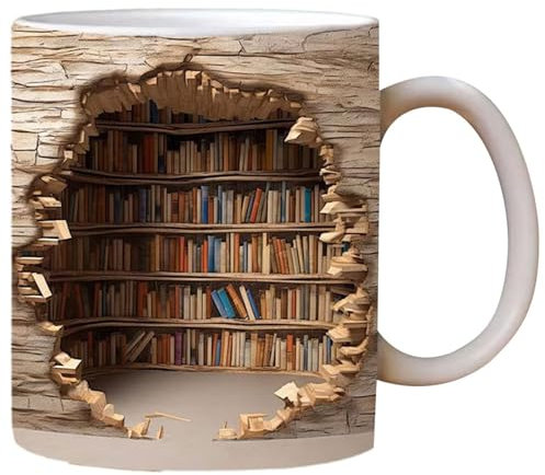 PUZAME 3D Bookshelf Mug | Creative Multi-Purpose Ceramic Coffee Mug | 3D Library Bookshelf Mug | 3D Effect Books Mugs | A Library Shelf Cup | Book Club Cup | Gifts for Readers Bookish Book Lovers (B)
