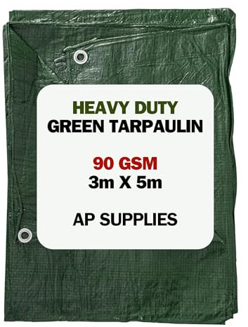 AP Supplies Green Tarpaulin Cover - 90gsm Thick - Waterproof, Weatherproof, Frost-Resistant, UV Protection, Universal, Multipurpose, Groundsheet, Camping, Boating, Hiking, Light Duty Sheet (3m X 5m)