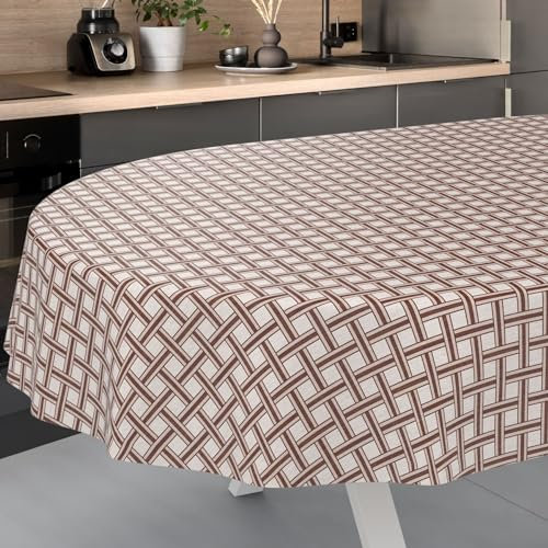 ANRO Nappe en Toile cirée, Lavable, pour Table de Jardin, extérieur et intérieur, Ovale, Bord coupé, Carreaux Beiges, 220 x 140 cm