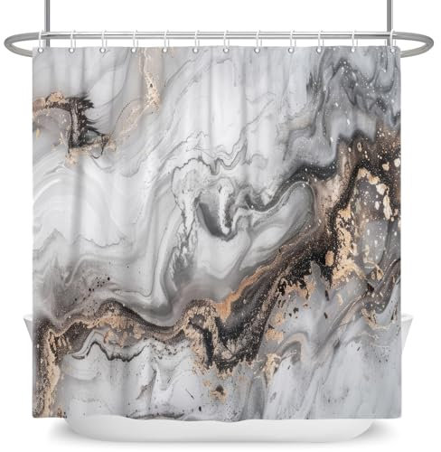 ASDCXZ Marmor Duschvorhang Grau 180x200 cm, Modern Abstrakt Weiß Grau Gold Verlauf Marmor Optik Textur Waschbar Bad Duschvorhänge Polyester Textil Wasserdicht Duschvorhang für Badewanne mit 12 Haken