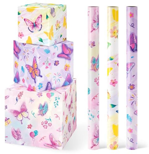 WERNNSAI Schmetterlings Geschenkpapier – 3 Rollen Geburtstags Geschenkpapier Deko Mädchen Kinder Lila Geburtstagsparty Geschenkverpackung Geschenkpapierrollen mit Schnittlinie 43 cm × 3 m