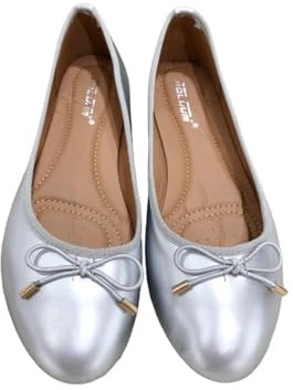 Ladies Flat Ballet Ballerina Pumps Plain Womans Work School Dolly Shoes SZ 3-8 (Silver, UK Footwear Size System, Adult, Women, Numeric, Medium, 4)