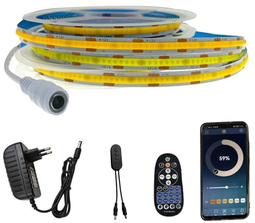 FOLGEMIR 3 m COB LED Streifen Warmweiß 3000K, Dimmbar 8mm Strip, Bluetooth APP kontrolliert, selbstklebend, Flexibel Lichtleiste mit 12V Netzteil & RF Fernbedienung