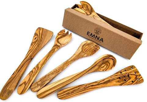 EMNA - Juego de utensilios de cocina de madera de olivo de 5 piezas | aprox. 30 cm | Caja de regalo exclusiva | Cuchara de cocina de diseño con esquina puntiaguda | Cubiertos para ensalada | Espátula