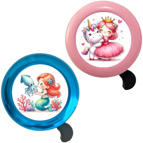 2 Stück Fahrradklingel für Kinder - Einhorn Meerjungfrau Design - Blau Rosa - Für Mädchen und Laufrad