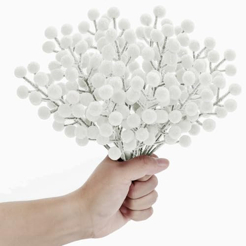 KKSTY 16 Pcs Artificial Frosted Berries Stems - 8'' Iced Berry Pick Holly Berries Sprays Filler Branch for Christmas Tree Decoration Wreath Making Supplies DIY Crafts Holiday Home Decor (White)