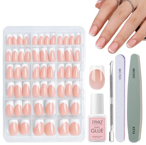 DMQ Press on Nails, 240Pcs Square False Nails Short, French Tip Nude Color Fake Nail Glossy Full Cover Glue on Nails French Nail Art Manicure Decorations for Girls Women