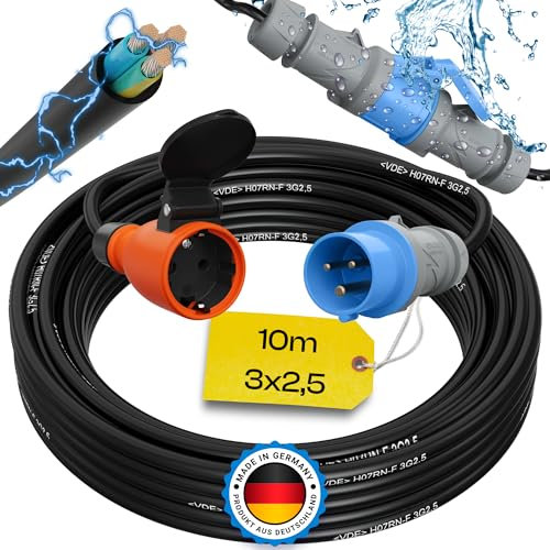 maxgo 10m Camping Adapter CEE auf Schuko 230v 16a 3x2,5 H07RN-F Stromadapter Stromkabel Landstromanschluss Adapterkabel Verlängerungskabel Kabel Wohnmobil Schukostecker Mennekes Campingkupplung