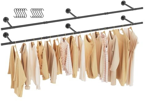GUOHNHE Kleiderständer für Wand, Garderobenstange Wandmontage, Kleidergestell Garderobenhalter, DIY Garderoben System, Decken-Montage, Kleider-Stangen aus Metall, 211 cm, 2 Set, Schwarz, SG211B-2