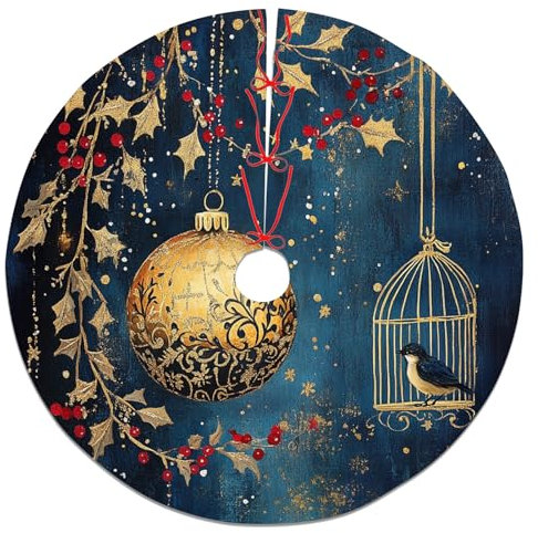 Falda de árbol de Navidad dorada ornamentada, decoración azul de invierno para decoración festiva del hogar, fiesta de Navidad, detalles interiores y exteriores, 36 pulgadas