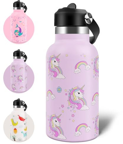 AMFUN Bouteille d'eau Isotherme pour Enfants, 350ML Gourde Isotherme pour Enfants avec Paille, Motif Anti-rayures Avec Poignée, Sans BPA, pour Boisson Chaude ou Froide pour Garçons Filles(Licorne)