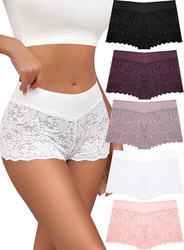 ALL OF SHE Lot de 5 Boxer Femme Culotte Dentelle Sexy Culotte Respirante Ceinture en Coton Stretch Shorty sous-Vêtements Doux S-3XL
