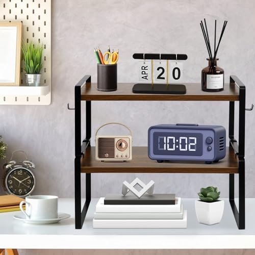 FURNITABLE Bücherregal, 2 Ebenen kleines Regal, bücherregal Holz, Stabiler Metallrahmen, Industriestil, für Wohnzimmer, Schlafzimmer, Arbeitszimmer, 50x20x18 cm, Rustikal Braun+Schwarz