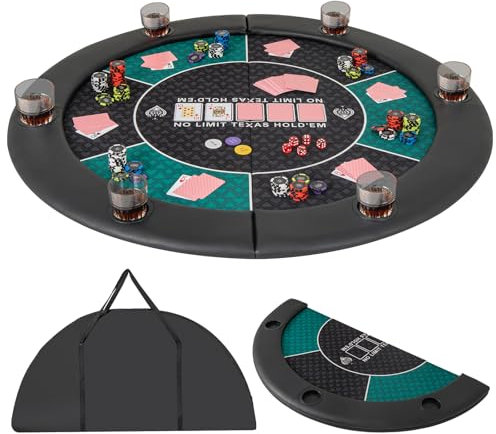 GYMAX 1.2M/48 Inches Foldable Poker Table Top, 8-Player Round Texas Hold’em Poker Table Mat Layout with Cup Holders, Padded Rails & Carrying Bag, Poker Card Table Topper for Party Casino