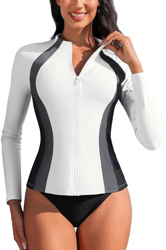 Charmo Women's Rashguard Swimwear Zip Front UV Sun Protection Swim Shirt UPF 50+ White/Black XS