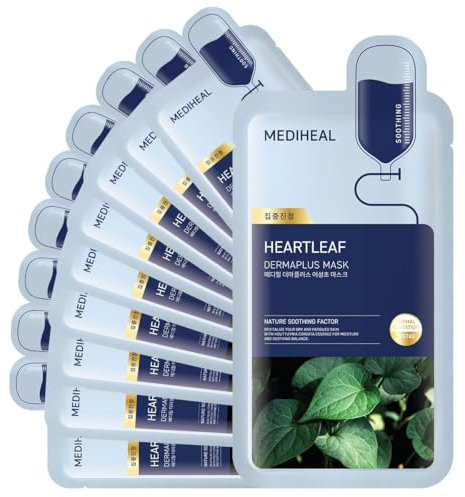 Mediheal Dermaplus Heartleaf Maske (10 Stück) - Tägliche vegane Maske zur Beruhigung der Haut mit Panthenol & Hyaluron, Koreanische Selbstpflege Gesichtsmaske