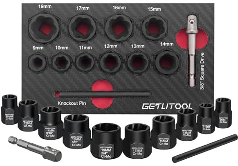 GETLITOOL Set 10pz 3/8 Dado Remover Estrattori per Dadi e Bulloni Danneggiati con Asta per Trapano e Barra di Pressione, Corredo di Bussole 9-19mm per Rimozione Viti Rotte per Riparazione DIY