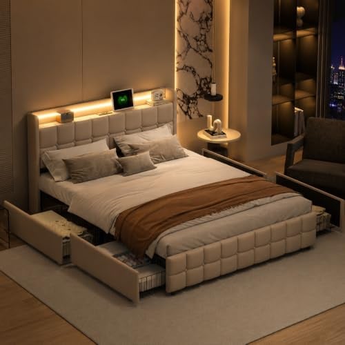 BRILVERDE Polsterbett 180x200 mit Stauraum, Doppelbett mit LED/USB, Jugendbett mit 4 Schubladen, Bettgestell mit Kopfteil und Lattenrost, Leinen (Beige, 180 x 200 cm)