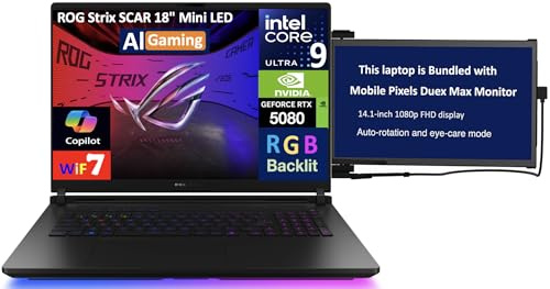 ASUS ROG Strix Scar AI Gaming Laptop 18 240Hz Mini LED WQXGA Display (Intel Ultra 9-275HX, GeForce RTX 5080 16GB, 64GB DDR5, 2x2TB PCIe SSD (4TB), RGB KB, Win 11 Pro) w/Duex Max DS Monitor
