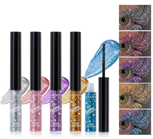 Glitterfarbene Wimperntusche, 5 Farben Diamant-Effekt Glitzer-Wimperntusche-Set, wasserfest, langanhaltend, verschmierungssicher, voluminös, lockenbildend, farbenfrohe Wimpern für Party, Hochzeit