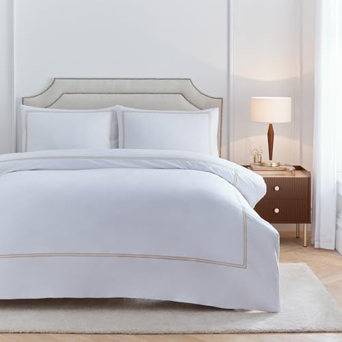 Paoletti Elara Duvet Cover Set – Luxury 200 Thread Count Cotton Embroidered Border Bedding Set (Champagne - King)