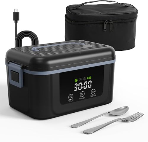 LANMOU Scaldavivande Elettrico Portatile, 1,5L Scaldavivande Batteria Ricaricabile USB, Batteria 18000 mAh, Timer, Acciaio Inox 304, Porta Pranzo Riscaldabile per Ufficio, Viaggio, Cantiere, Auto