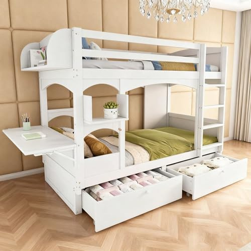 Etagenbett 90x200 cm mit klappbarem Schreibtisch Multifunktionales Doppelbett in Weiß mit Regal, 2 Schubladen & Massivholz-Lattenrosten r (ohne Matratze)