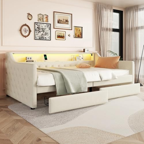 LinoraFurn Daybett, 90X200cm, Schlafsofa, Tagesbett mit Lattenrost (ohne Matratze), Ambientelicht mit Fernbedienung, Bett mit Zwei Schubladen, USB-Ladebuchse, Linen (Beige, 90X200cm+Schubladen)