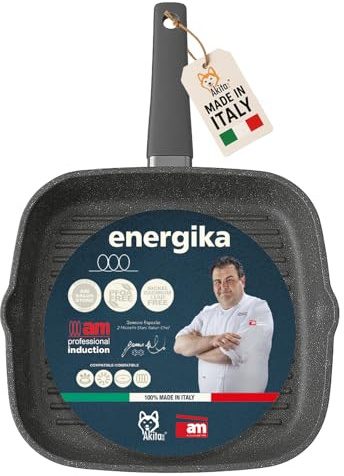 AKITAInk Bistecchiera Energika 28×28 cm Piastra Quadrata in Alluminio Effetto Pietra Antiaderente, Manico Soft Touch, Adatta anche ai Piani a Induzione