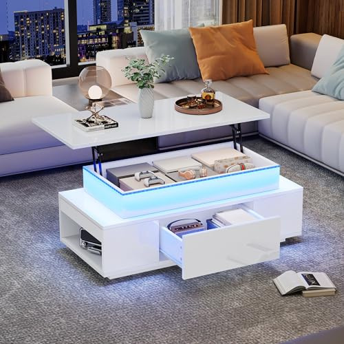 Merax Couchtisch mit LED, höhenverstellbarer Wohnzimmertisch, Modern Hochglanz Kaffeetisch mit Schubladen, Versteckter Stauraum, offenes Fach, Sofatisch umwandelbar in Esstisch, Weiß, 96x45x40cm