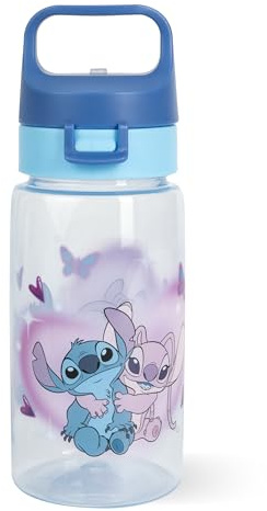 p:os Stitch Trinkflasche Kinder 450 ml mit Strohhalm, auslaufsicher | Klappbarer Trinkhalm, Kunststoff in Dunkelblau – Wasserflasche für Schule, Kindergarten und Sport, ab 3 Jahren