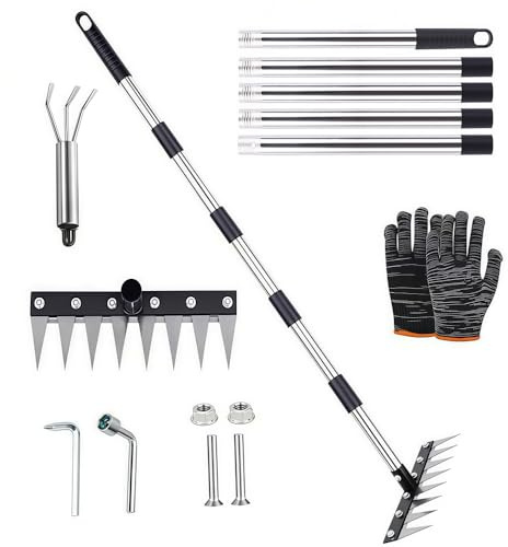 Unkrautstecher mit Langem Stiel 185cm, Mehrzweck Garten Unkraut Werkzeug, 8 Zinken Unkrautrechen Rechen, Gartenrechen, Unkrauthacke, Unkrautjäter Hand für Hof, Rasen, Terrasse und Garten
