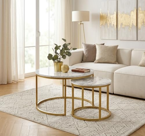 designimpex Design Couchtisch 2er Set HAW-777 Marmor Weiß - Gold rund 60x40 cm und 38x34 cm runder Wohnzimmertisch Sofatisch rund Beistelltisch Kitchen Table
