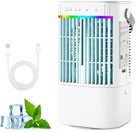 WingFly Aire Acondicionado Móvil, Mini Aire Acondicionado Portátil 3 en 1 con 3 Modos de Neblina & 7 Luces de Color & Tanque de Agua de 900 ml & Temporizador de 2/4 Horas, Mini Enfriador de Aire para