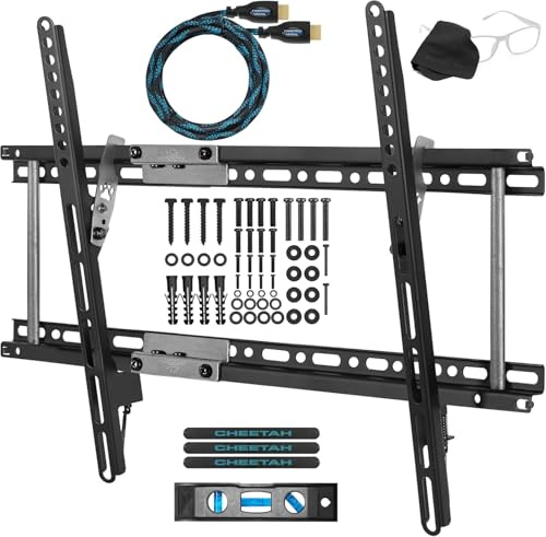Cheetah Tilt TV Mount fits 32-86 Inch TVs up to 165lbs Max VESA 600x400mm, with 10ft HDMI Cable, Universal Flat Wall Mount Bracket, fits 16-24 Studs, Ultra Low 1.3 Profile Adjusts to 15 Degree Tilt