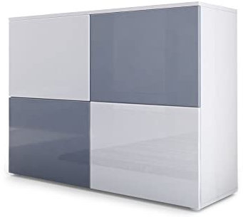 Vladon Buffet Rova, Commode avec 4 Portes, Blanc Mat/Blanc Haute Brillance/Gris Haute Brillance (92 x 72 x 35 cm)