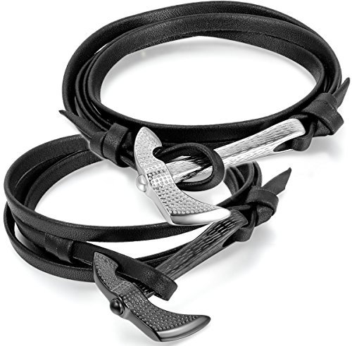 JewelryWe Schmuck 2pcs Herren Damen Armband, Retro Axt Charms Armreif, Leder Echtleder Edelstahl, Schwarz Silber