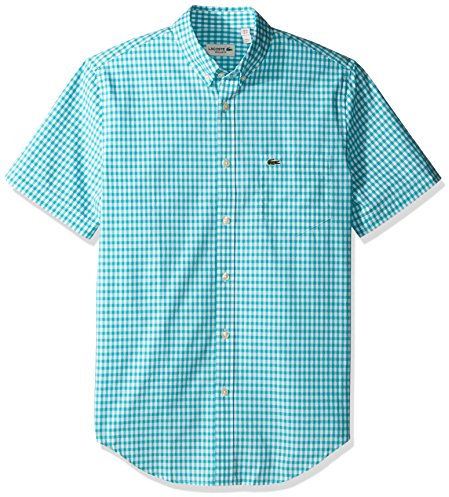 Lacoste Herren Hemd CH3941, kurzärmelig, Gingham-Karo, Popeline, Reg Fit, Bermuda/Weiß, XL/XXL