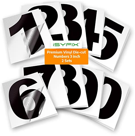 iSYFIX Schwarze Vinyl-Zahlen-Aufkleber, 7,6 cm, selbstklebend (2 Sets), Premium-Aufkleber, gestanzt und vorgestanzt für Briefkasten, Schilder, Fenster, Tür, Autos, LKWs, Häuser, Unternehmen,