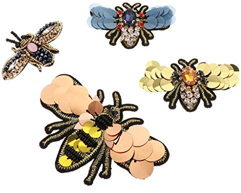 4x Bienen Aufnaeher Aufbuegler zum aufnähen Kleidung Patch Sticker Applikation mit Perlen und Stras