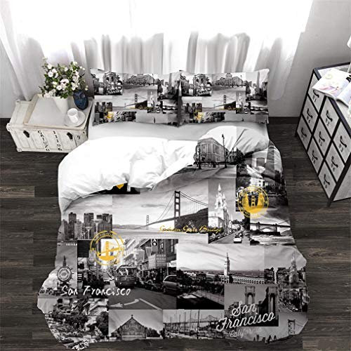 HNHDDZ Bettwäsche-Set Klassik Stadt Strand San Francisco Paris Schale Seestern Bettbezug Alte Zeit Schwarz Weiß Grau Junge Mädchen Bettbezug (Stil 1, Bettbezug 135x200 cm + 1 Kissenbezug 80x80 cm)
